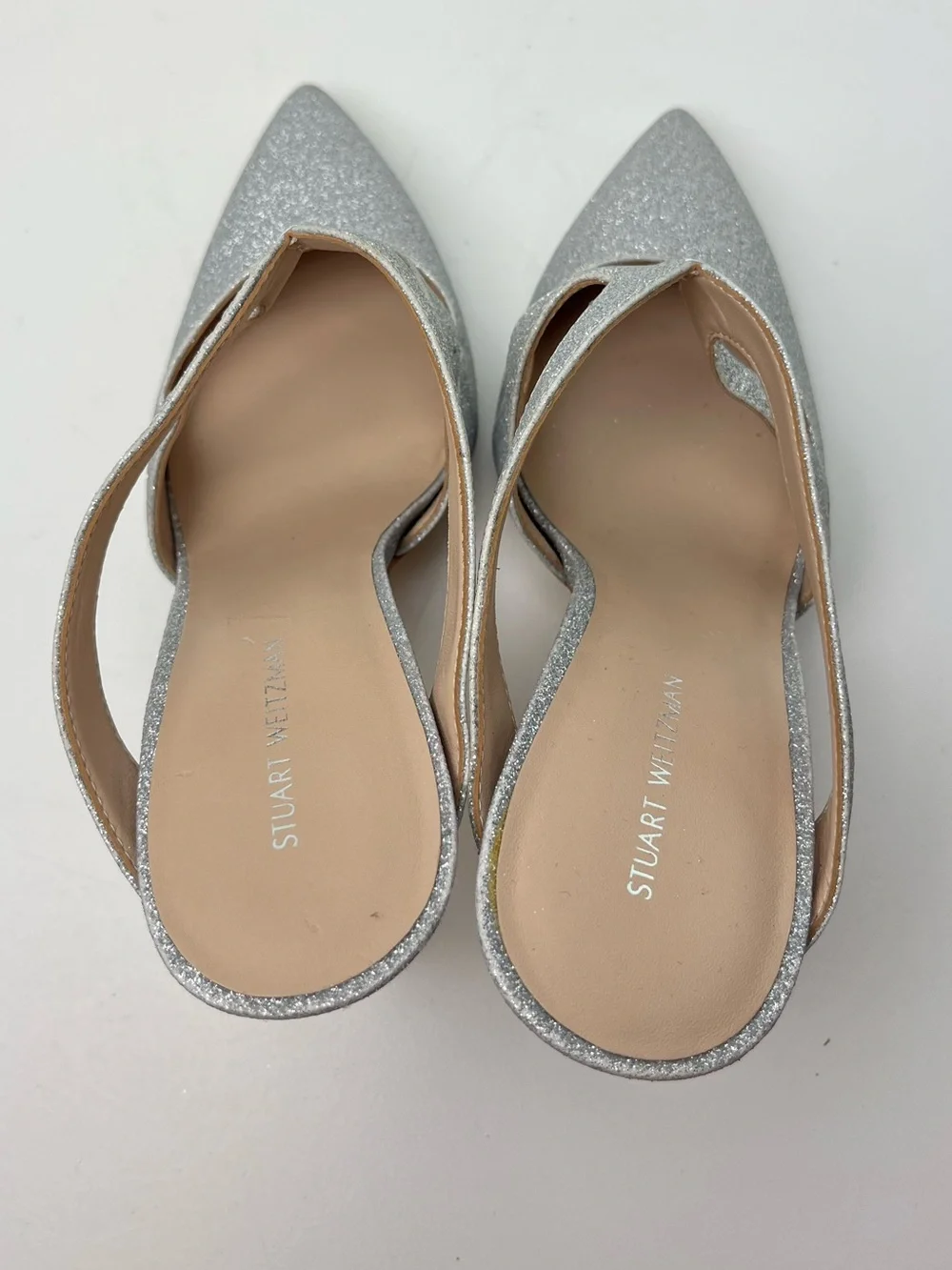 Stuart Weitzman Silver Glitter Crossover Pointed Toe Holiday High Heel Mule